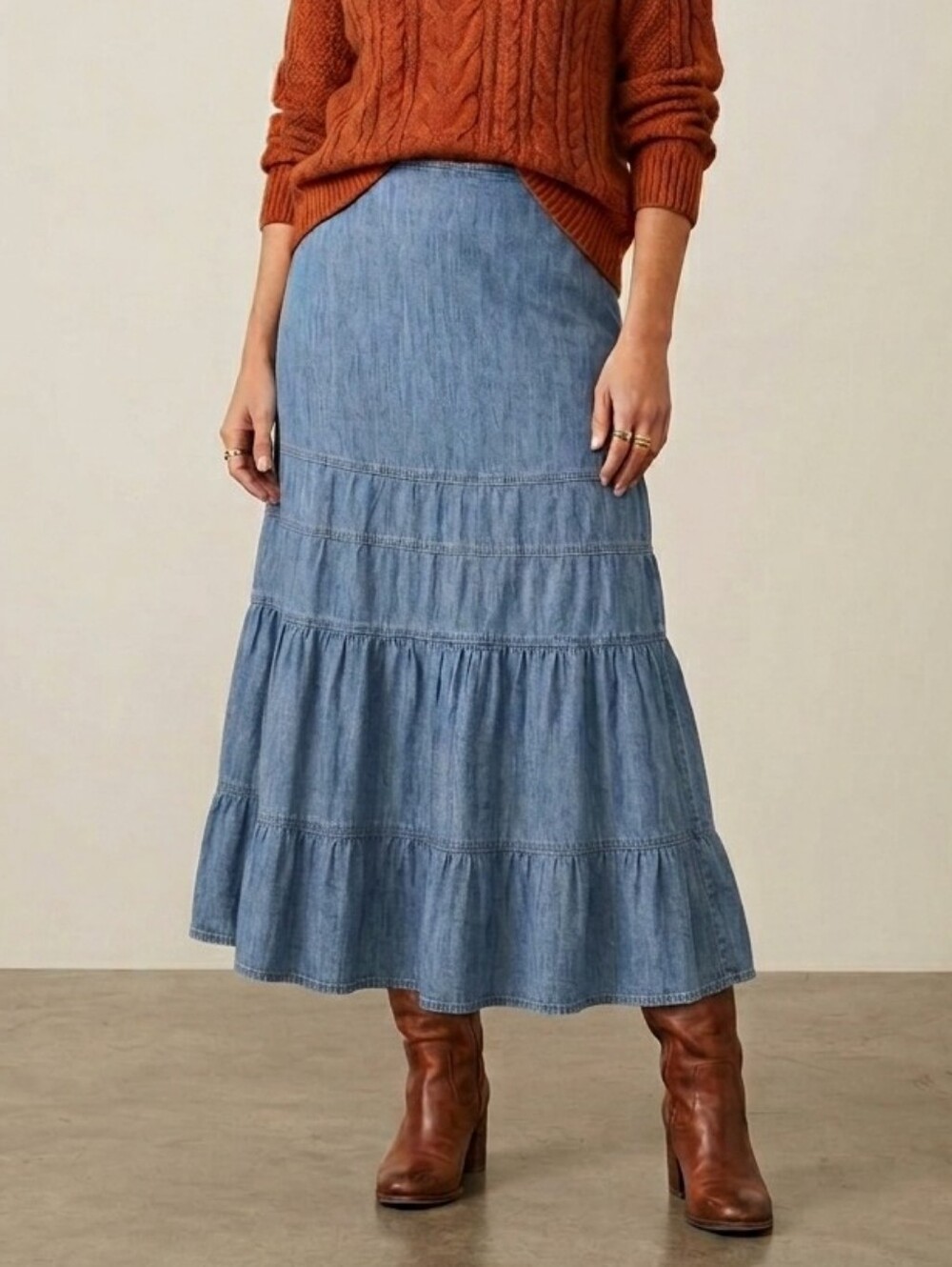 Christopher & Banks Light Blue Denim Maxi Skirt 6 Layered Cottacore Cotton NWT